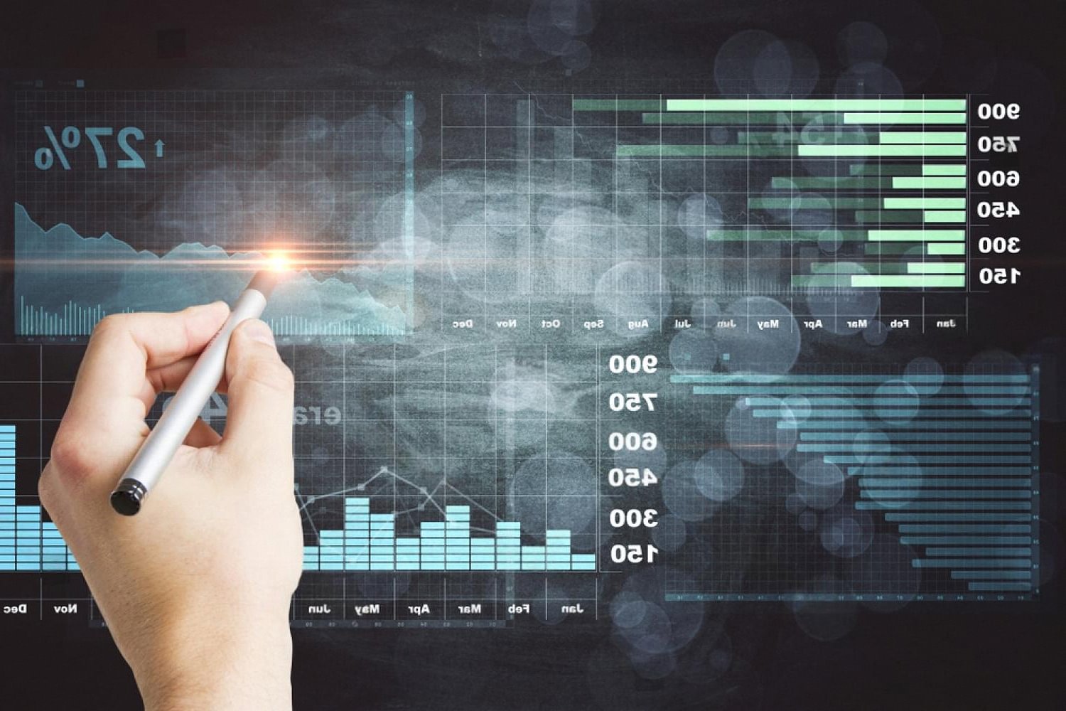 Hand pointing at a rising risk analytics chart on a digital screen